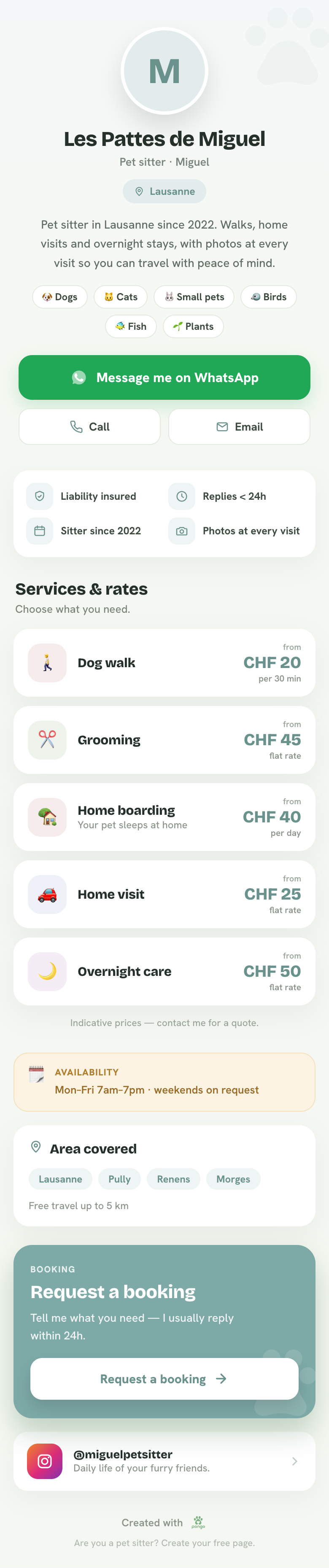 A pet sitter's public page on Pongo: profile, trust badges, services and booking